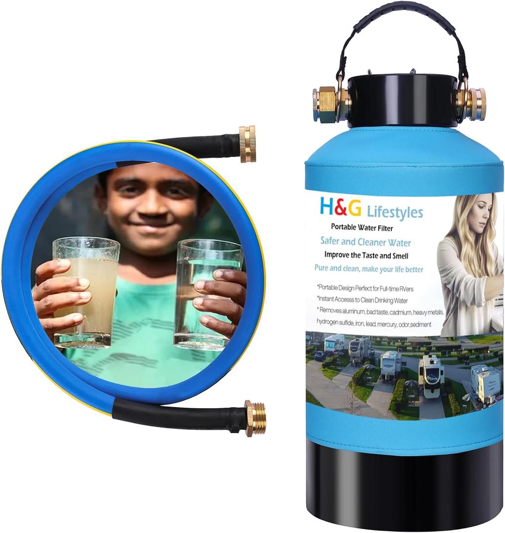 H&G Lifestyles RV Water Filter,Iron Filter for Garden Hose,Hose Filter for Filling Pool Well Water Iron,RV Water Softener Filtration System for Garden Hose, with 3/4" GHT Brass Adapter
