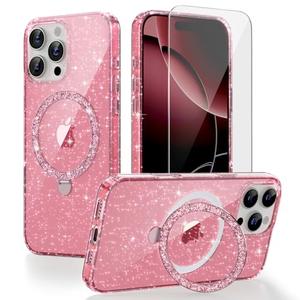 BOXDXB Magnetic Case for iPhone 16 Pro Max with Stand, Clear Glitter Military-Grade Shockproof Ring Kickstand Cases, 1 x Screen Protector Compatible with Magnetic Cover Case for Women Girls-Pink