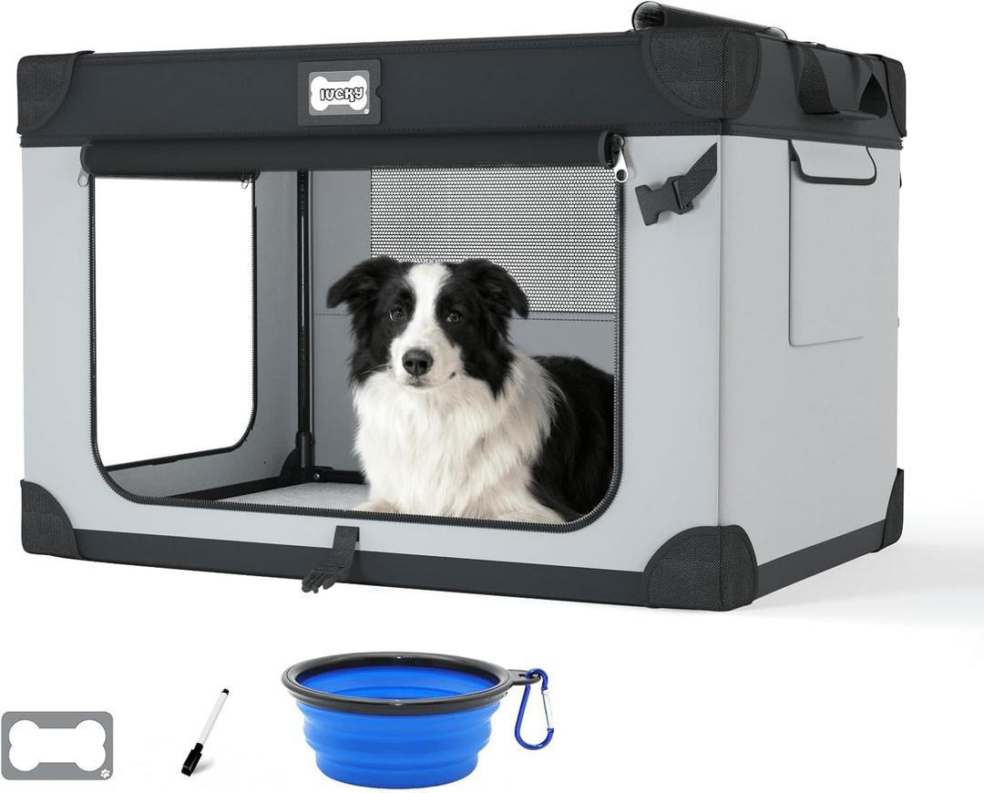 36 Inch Collapsible Travel Dog Crate for Large Dogs, Portable Dog Crate 3-Door Foldable Soft Kennel with Durable Mesh Windows, Warm Blanket and Foldable Bowl
