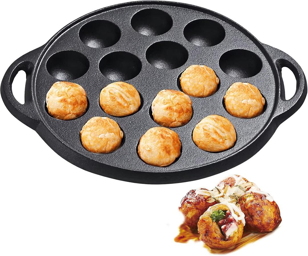 WUWEOT Non-Stick Takoyaki Pan, 1.5" Diameter Pre-Seasoned Cast Iron Octopus Ball Grill