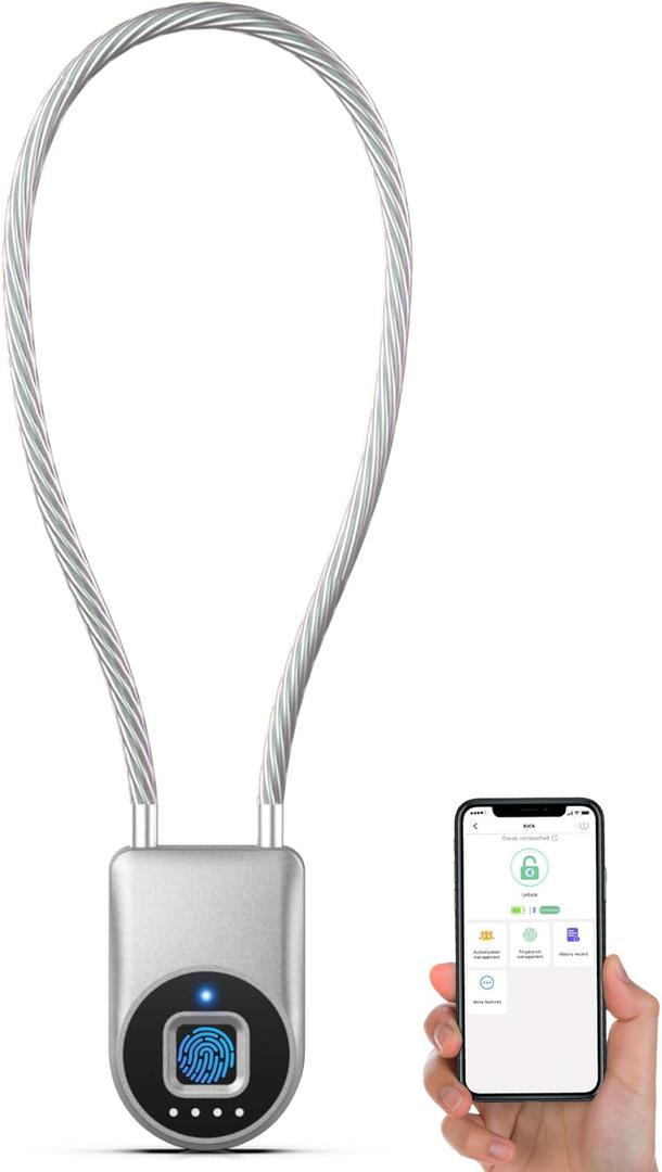 Anweller Fingerprint Cable Lock, 14" Long Shackle Small Padlock, Keyless Entry Biometric Bluetooth Smart Waterproof Combination Pad Lock for Gate Outdoor Fence Fridge Cabinet Locker Pool Bike - Silver
