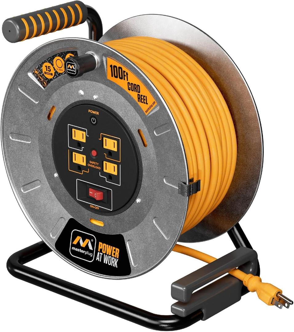 Masterplug 100ft Cord Reel, Metal Cable Drum, Retractable Extension Lead with Winding Handle, Safety Overload Circuit Breaker and Power Switch, 4x Grounded Outlets, 15amps, 12AWG Cable