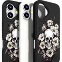 IWONE Compatible with iPhone 16 Plus Case with Card Holder Cute Shockproof Drop Protection Phone Wallet Slot Cover Cases for Women - Black Floral Skull Skeleton