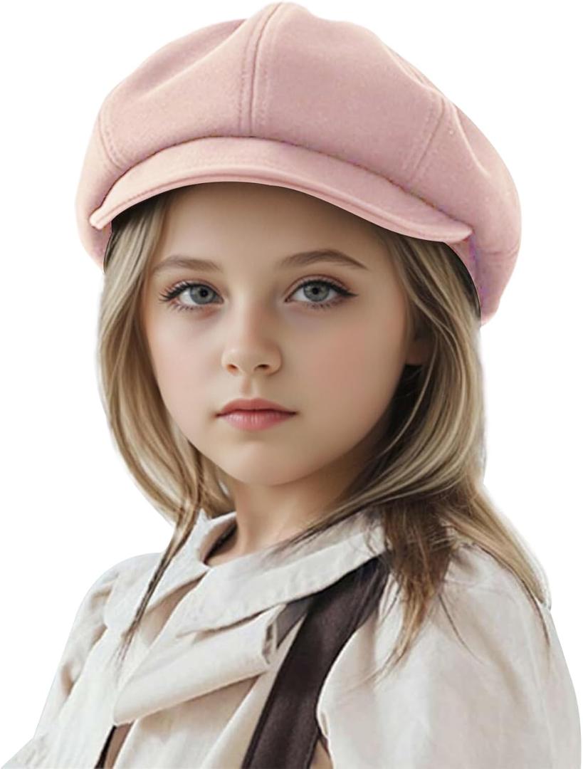 Jastore Kids Boys Girls Newsboy Caps Wool Flat Beret Cabbie Hat for Toddler (4-8 Years, Pink)
