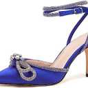 VETASTE Women's Double Bow Pointed Toe Ankle Strap Crystal Pumps Wedding Bridal Party Stilettos Backless Satin Heeled Sandals 9