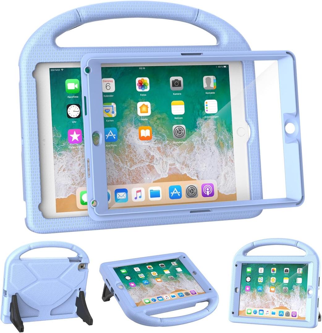 YIHE Shockproof Kids Case for iPad 6th/5th Generation (9.7 inch, 2018/2017), iPad Air 2/1 & Pro 9.7 | Durable Protective Cover with Built-in Screen Protector & Stable Stand, Light Blue