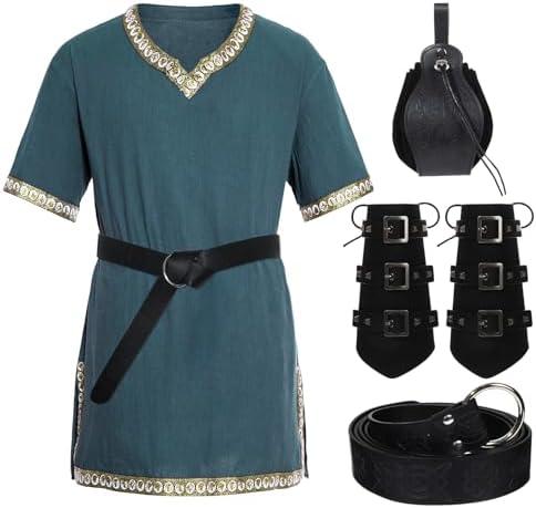 5Pcs Mens Medieval Costume Halloween Renaissance Tunic Viking Knight Shirts Warrior Cosplay Costume with Belt Arm Guards, XL