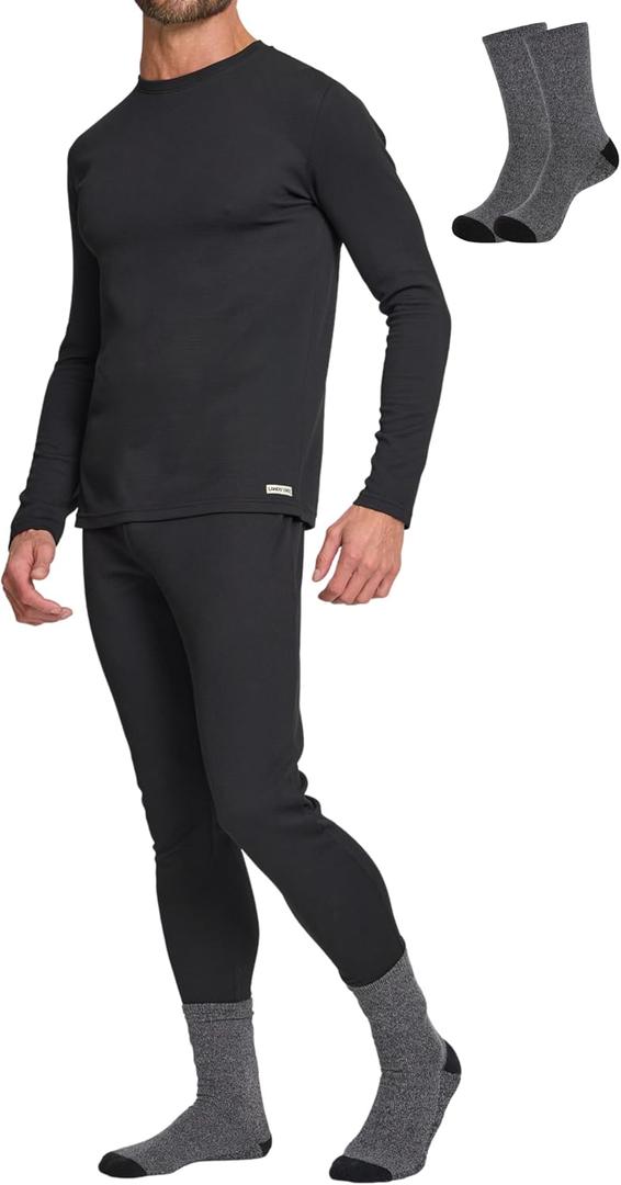 Lands' End Thermal Underwear for Men 3 Pc. Set Warm Long Johns for Men Base Layer Long Sleeve Shirt, Pants & Socks (Large, Black)
