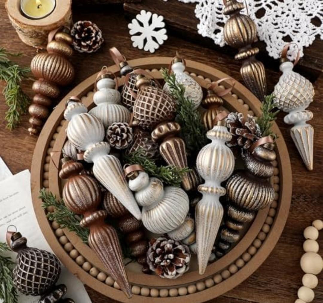 Yunlly 9 Pcs Neutral Christmas Ornaments Textured Christmas Tree Decor with Hanging Loop Modern Brown Hanging Finial Ornaments Shatterproof Home Decor for Xmas Vintage Rustic Farmhouse (Classic Color)