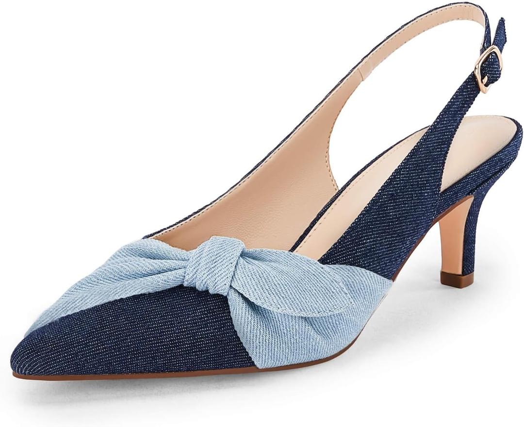 Coutgo Womens Bow Heels Slingback Pumps Low Kitten Heels Closed Pointed Toe Sandals Denim Dress Shoes Size: 7.5