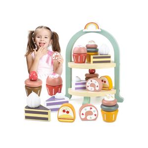 Wooden Cake Toys Tea Party Set, Desserts Food Toy with Cupcake Stand, Kids Pretend Play Kitchen Accessories, Wooden Play Food Set Toy Baking Gift for 3 4 5 Years Old Girls Boys