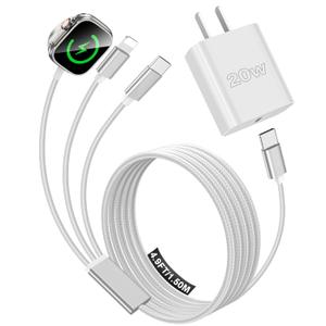 Travel Essentials for Apple Watch Charger,iPhone Charger,Type C Multi Fast Charging Cable Cord with 20W Charger Block,Portable Designed for iWatch 11-2,iPhone 17-11,Galaxy 25,Home,Office-5FT