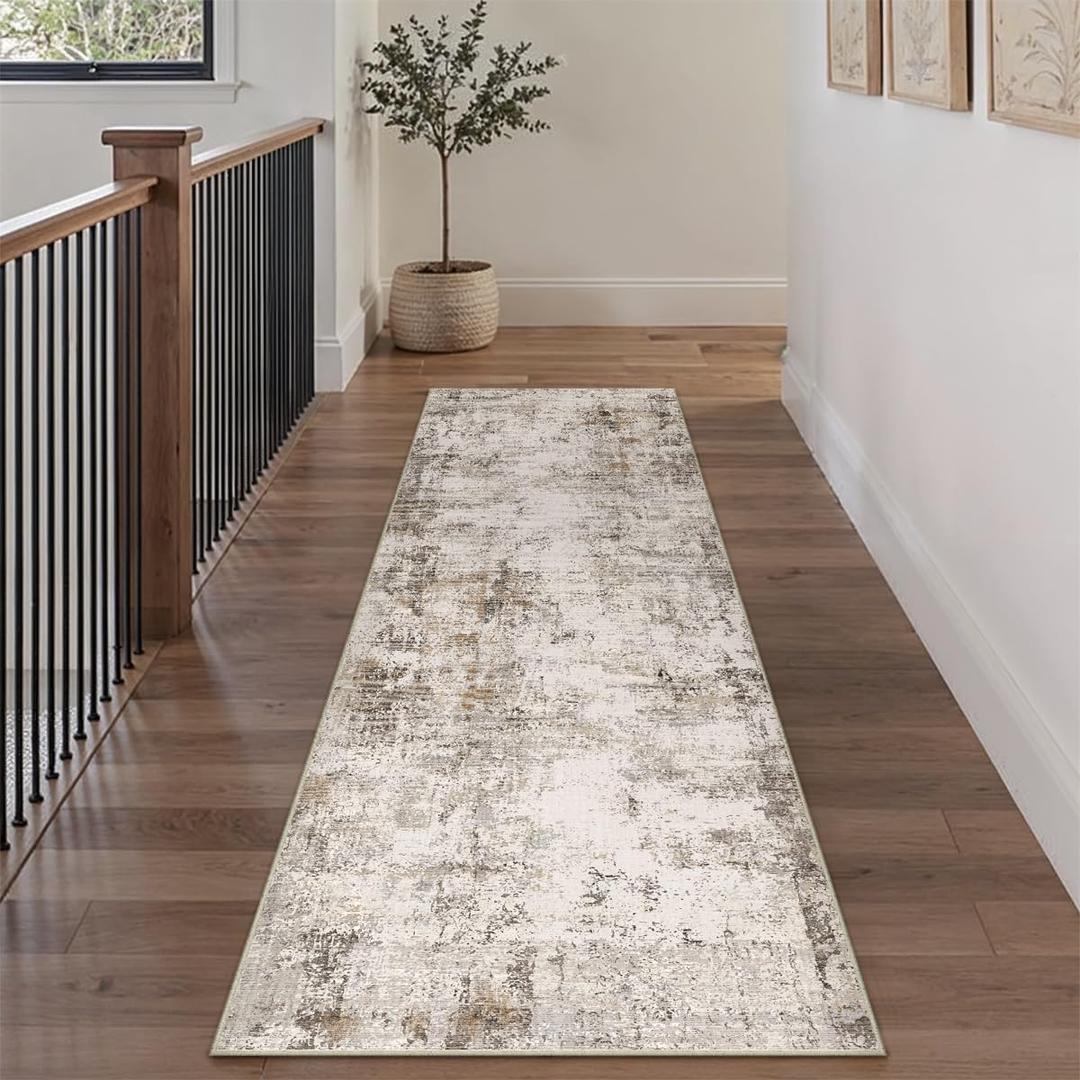 2x8 Washable Runner Rug Brown Grey Abstract Hallway Kitchen Throw Rug Neutral Modern Non Slip Soft Low Pile Carpet for Bathroom Laundry Bedroom Living Room