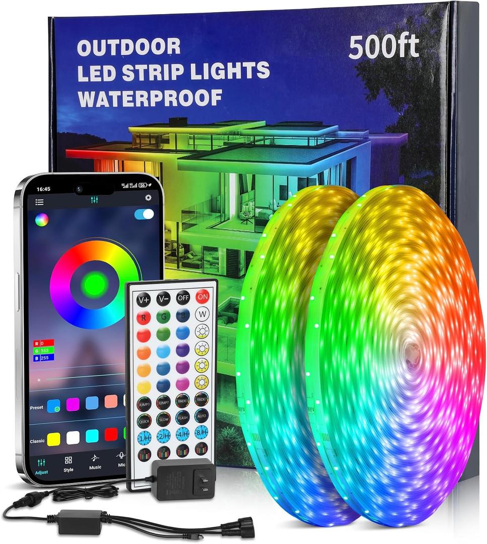 500FT Outdoor Led Strip Lights Waterproof - Music Sync RGB, IP68 Outside Led Strips with Bluetooth App & Remote Control, RGB Exterior Led Lights for Deck,Courtyards,Balcony,Roof,Garden,Pool