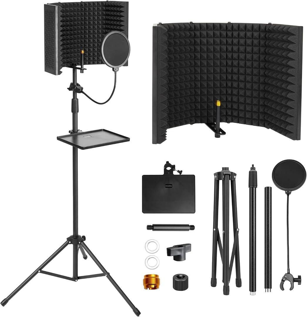 Microphone Isolation Shield, Foam Protection with Pop Filter, Tripod Stand, Foldable Design