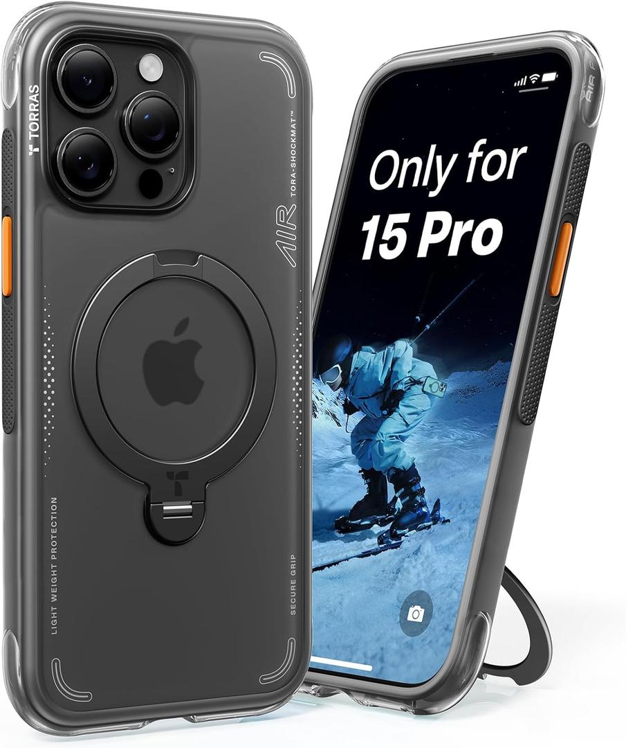 TORRAS Ostand Q3 Air for iPhone 15 Pro Case with 360 Magnetic Stand, Fit for MagSafe, Mil-Grade Drop Tested, Camera Control Button, Shockproof Phone Case for iPhone 15 Pro 6.1", Shadow Black