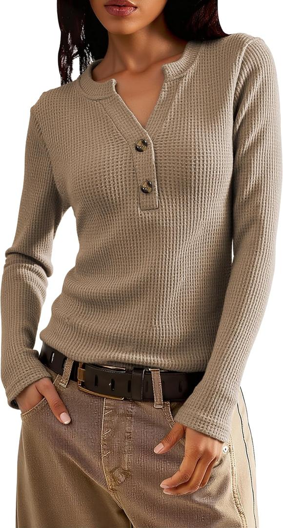 Jar of Love Women's Waffle Knit Tops Long Sleeve Shirts Henley Tops V-Neck Button Down Thermal Shirts Fall Outfits (Beige, L)
