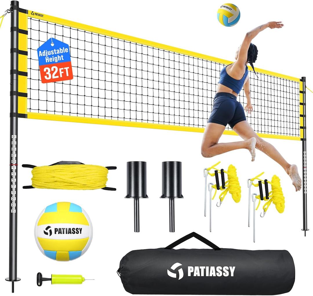 Outdoor Volleyball Net Set for Backyard & Beach, 32FT Regulation Size, Easy Setup Adjustable Height Poles, Portable Net System with PU Volleyball, Pump & Carry Bag
