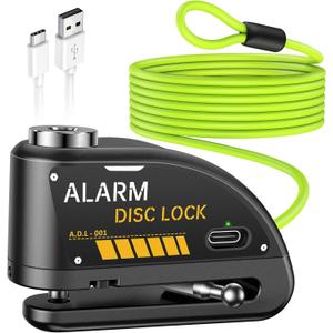 ONVIAN Rechargeable Motorcycle Lock with 120db Alarm and 6FT Steel Reminder Cable, for 7mm Pin Motorcycles Bicycles Ebike Scooter Moped (Black)