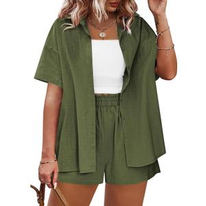 IN'VOLAND Women's Plus Size 2 Piece Tracksuit Outfits Sets Cotton Linen Sets Short Sleeve Shirt Summer Casual Shorts Set (Army Green)