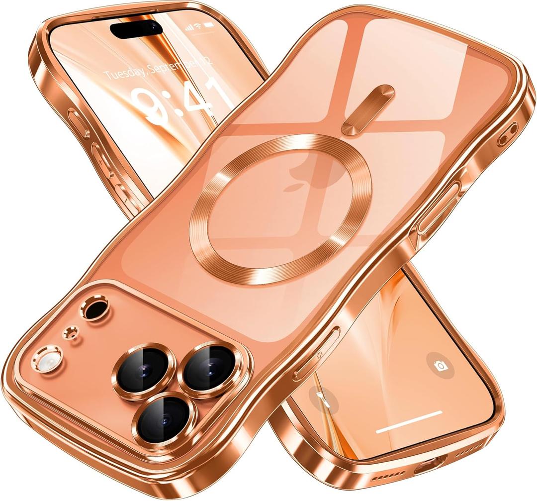 GVIEWIN for iPhone 17 Pro Max Case [Compatible with MagSafe][Upgraded Full Camera Protection][Cute Wave Frame] Glossy Slim Shockproof Protective Magnetic Phone Case for 17 Pro Max 6.9'', Clear/Orange
