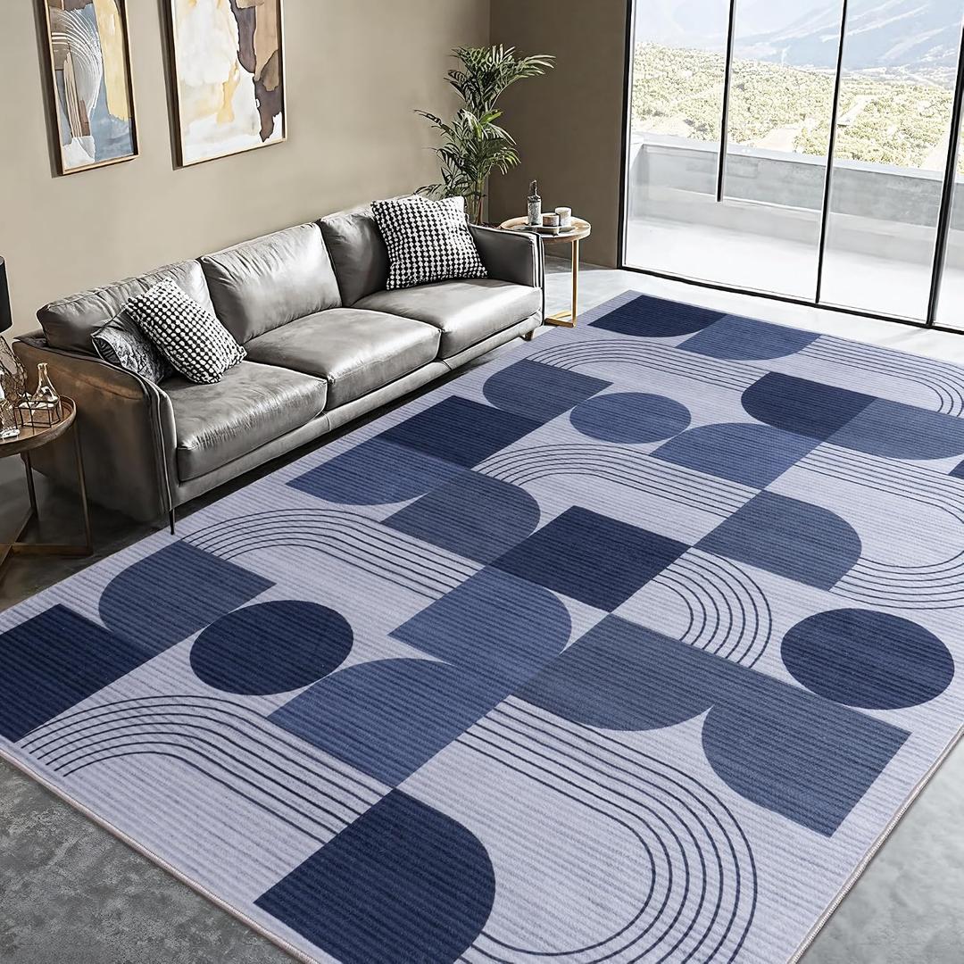 Large Machine Washable 8x10 Area Rug, Soft Modern Geometric Abstract Blue Rugs for Bedroom Living Room, Non-Shedding Faux Wool Indoor Throw Floor Carpet for Office Entryway Dining Room Decor
