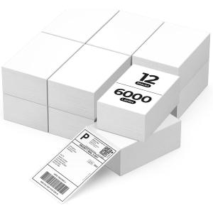 MUNBYN 4x6 Inch Direct Thermal Labels, 6000 Labels/12 Stacks(500 Pcs per Stack), Fanfold Shipping Label Paper for Thermal Printers, Permanent Adhesive Mailing Postage Labels for Shipping Packages (White)