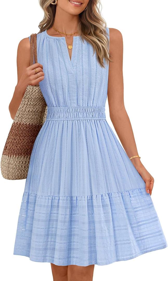 MEROKEETY Women's 2026 Summer Casual Mini Sundress Beach Vacation Sleeveless V Neck Flowy A Line Dress with Pockets (Medium, Blue)