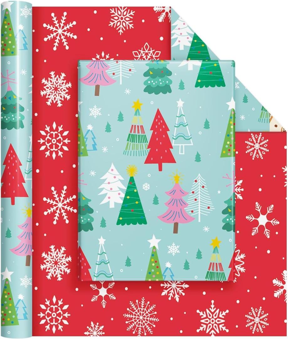 WERNNSAI Christmas Tree Wrapping Paper - 1 Roll 17x 33 ft Christmas Gift Wrap Paper Reversible Snowflake Wrapping Supply Red Green Holiday Gift Wrap for Kids Family Friends Xmas Winter Party