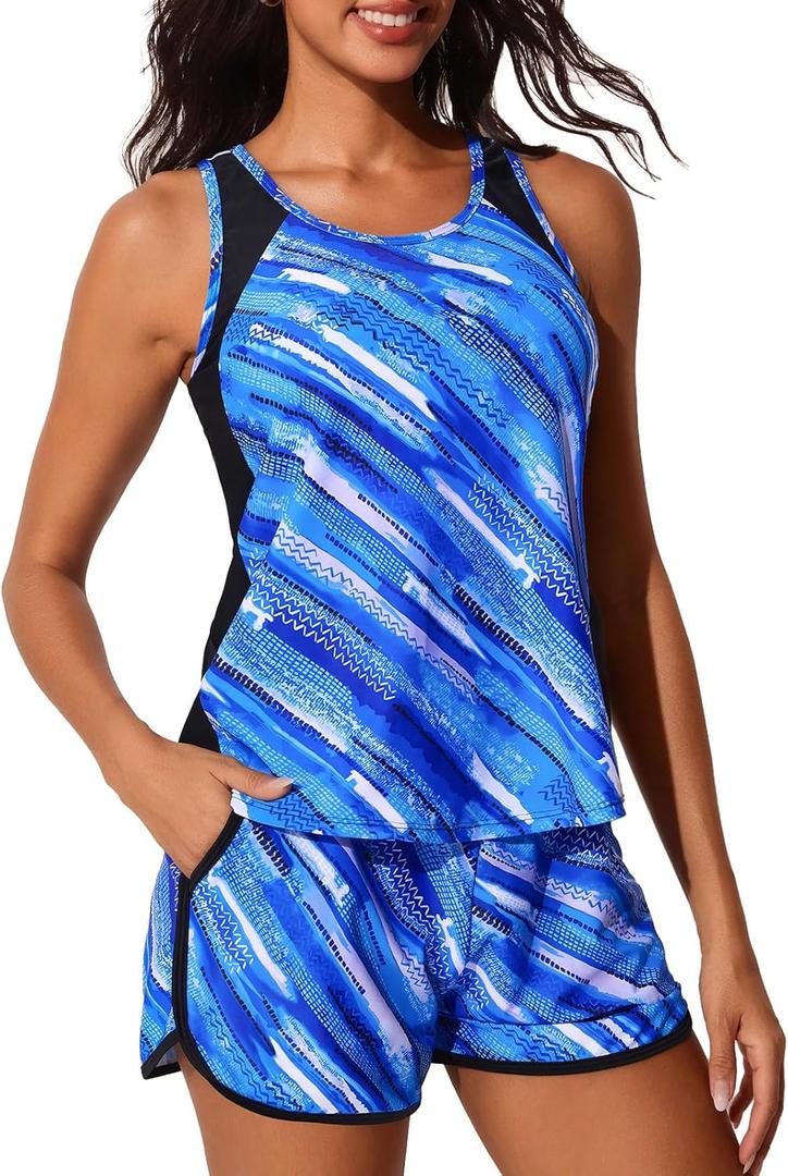 Summer Mae Blouson Tankini Swimsuits for Women 2025 Tummy Control Two Piece Bathing Suits with Sporty Pockets Swim Shorts (16, Blue Ocean Ripples)