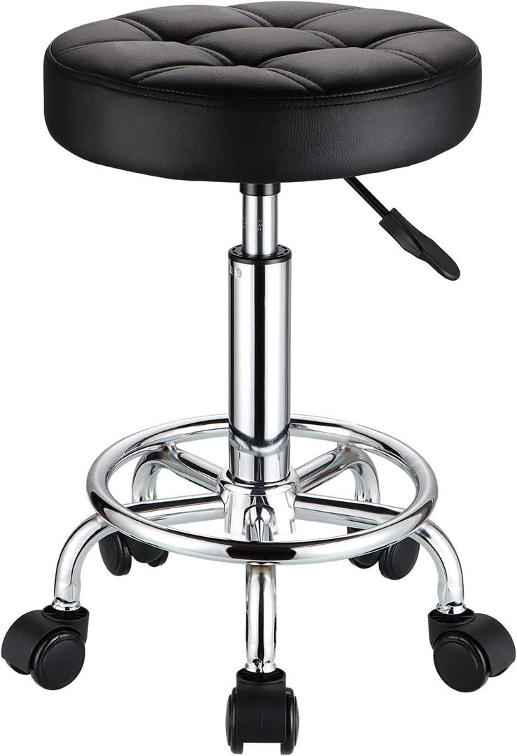 HMTOT Round Rolling Stools PU Leather Seat Height Adjustable Swivel Stool with Wheels Black, Small