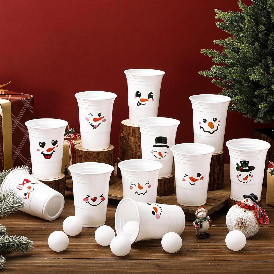 Leitee 22 Pcs Christmas Game Supplies Set Includes 16 oz Beer Cups with 8 Balls Set Christmas Party Games for Xmas House Party Favors Birthdays Holidays(White, Snowman)
