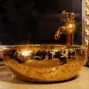 Gold Vessel Sinks Bowl Luxury Gold Glazed Ceramic Vanity Top Sink for Restroom Bathroom Bar Dia.16.4"Size, 16.34"L x 16.34"W x 5.91"H