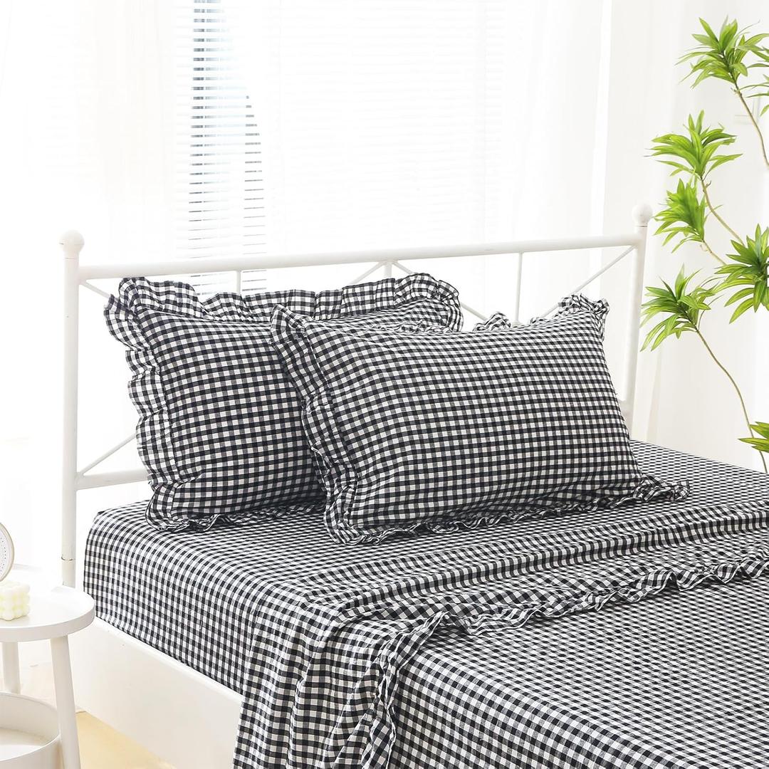 Black White Plaid Ruffle Sheets Queen Size 4-Piece Set, 300TC 100% Yarn Dyed Cotton Sheets Deep Pocket Farmhouse Gingham Decorative Bedding (Black/White Plaid, Queen)