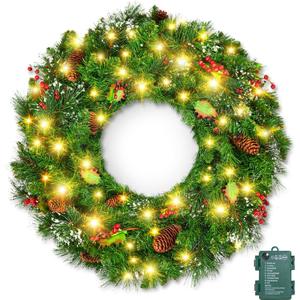 Brightown 24 Inch Pre-Lit Artificial Christmas Wreaths for Front Door, Battery Operated Christmas Wreath with 50 LED Lights, Lighted Wreath for Front Door Wall Window (Green,harry Leaf)