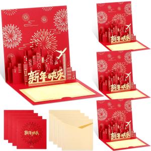 4 Pcs Happy Chinese New Year Cards 2026 Year of The Horse Cards with Envelopes 3D Golden Fu Pop up Card Lunar Greeting Card for Women Men Spring Festival Gifts (Classic Style)