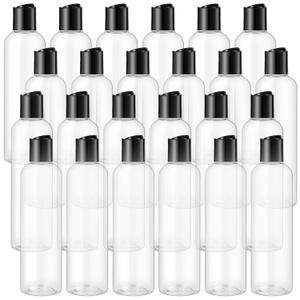 24 Pcs Plastic Empty Bottles with Black Disc Cap 8 oz Clear Refillable Squeeze Travel Containers for Liquid Body Soap Creams Shampoo Lotions Toiletries