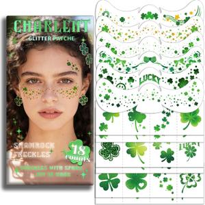 CHARLENT Glitter Shamrock Freckles Face Tattoos | 18 Sheets St. Patricks Day Temporary Makeup Patches for Women Kids St. Patrick's Day Parade, Irish Festival Looks