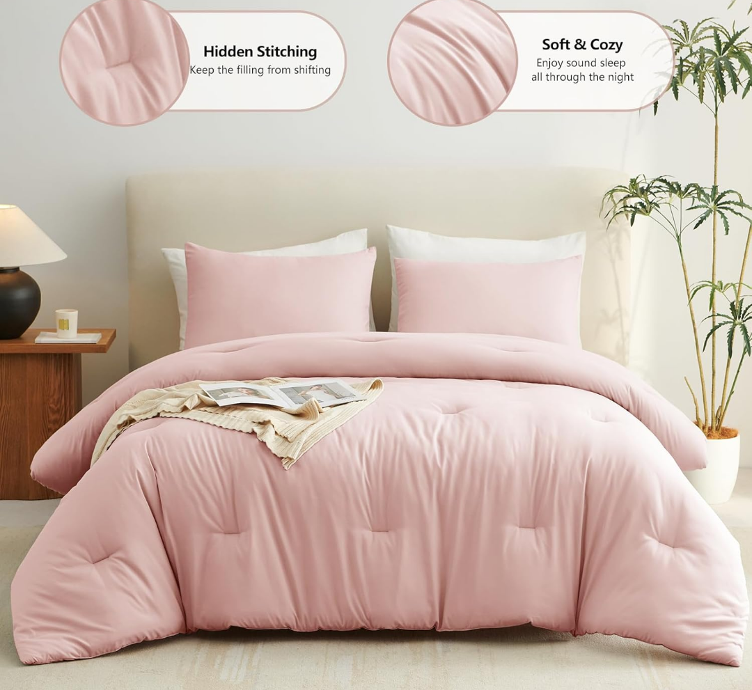 Blush Pink Queen Comforter Set for Girls, 3 Pieces Women Solid Breathable Quilted Bedding Sets, Luxury Soft Bed Set with Down Alternative Comforter All Season (1 Comforter & 1 Pillowcases