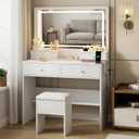 FUXA Makeup Vanity Desk with LED Mirror and Charging Station, Vanity Table Set with Storage Drawer and Chair for Bedroom, White (Small)