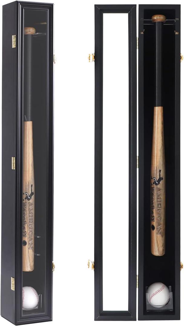 HOROW Baseball Bat Display Case - Baseball Bat Wall Mount Wooden Frame with Acrylic Transparent Door Holder Rack Cabinet Wall Mounted Shadow Box Vertical or Horizontal, w/98% UV Protection-Lock (Single Black)