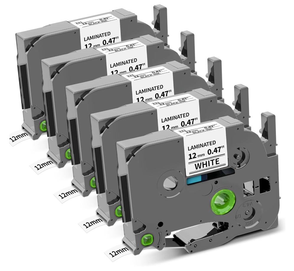COLORWING TZe-231 Replace for Brother P-Touch Label Tape TZ Tape 12mm 0.47 Laminated White 1/2 inch TZe231 Label Maker Tape for Brother Ptouch PT-D210 D220 H110 D410 D610 1280 Cube Refills, 5-Pack