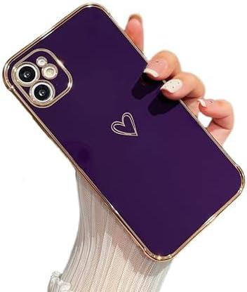 ZTOFERA Designed for iPhone 12 Case 6.1 inch,Cute Plating Edge Love Hearts Pattern with Camera Lens Protection Phone Cover for Girls Women,Dark Violet