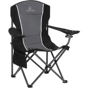 LET'S CAMP Oversized Outdoor Folding Camping Chair, Heavy Duty Arm Chair with Cup Holder and Storage Bag, 350 LBS Weight Capacity, Grey (1 Pack, Black Grey)