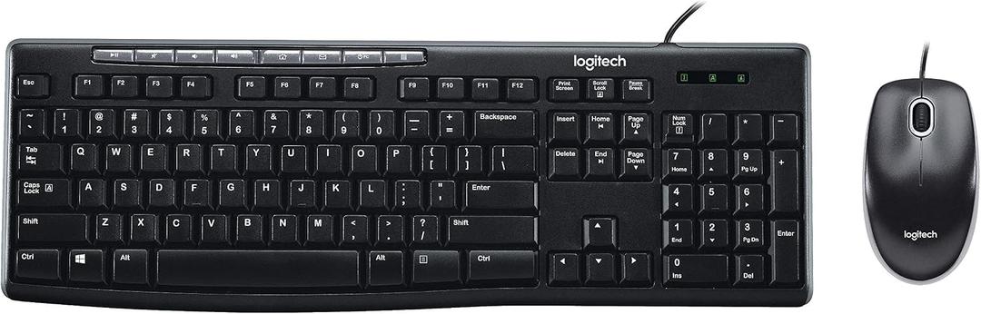 Logitech MK200 Media Combo Wired Keyboard and Mouse, Full-Size Keyboard with Easy-Access Media Controls, High-Definition Optical Mouse, Plug and Play USB Connection Black