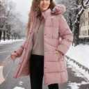 ASPO Women's Winter Warm Coats Waterproof Thick Fleece Lined Down Puffer Jacket 5 Pockets Long Parka Faux Fur Detachable Hood Pink L (Pink, L)