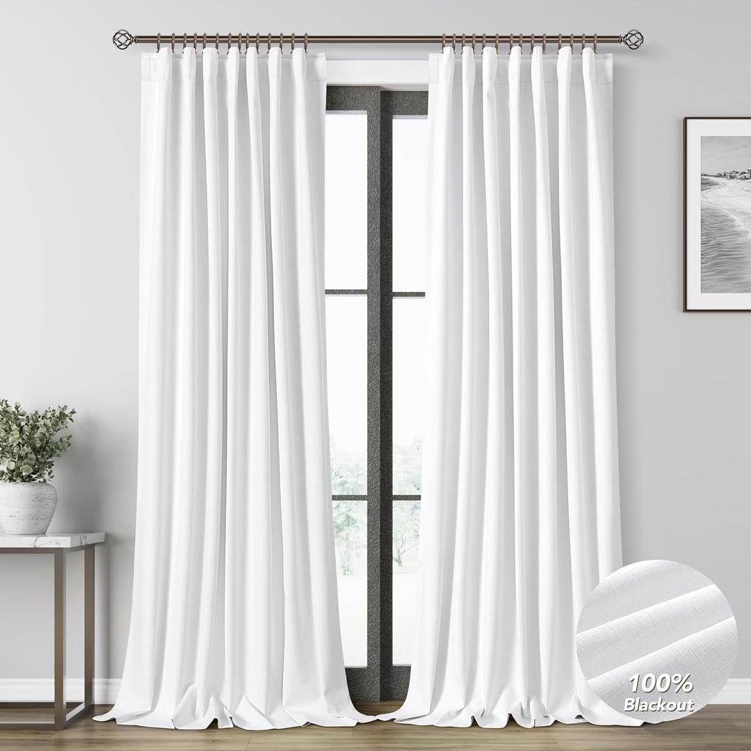 White Linen Blackout Curtains for Bedroom 96 Inch Length 2 Panels Set Back Tab Pocket Neutral Farmhouse Living Room Darkening Curtains Track System Thermal Insulated Black Out Drapes 52x96