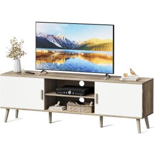 SUPERJARE TV Stand for 55 Inch TV, Entertainment Center with Adjustable Shelf, 2 Cabinets, TV Console Table, Media Console, Solid Wood Feet, Cord Holes, for Living Room, Bedroom, Gray and White