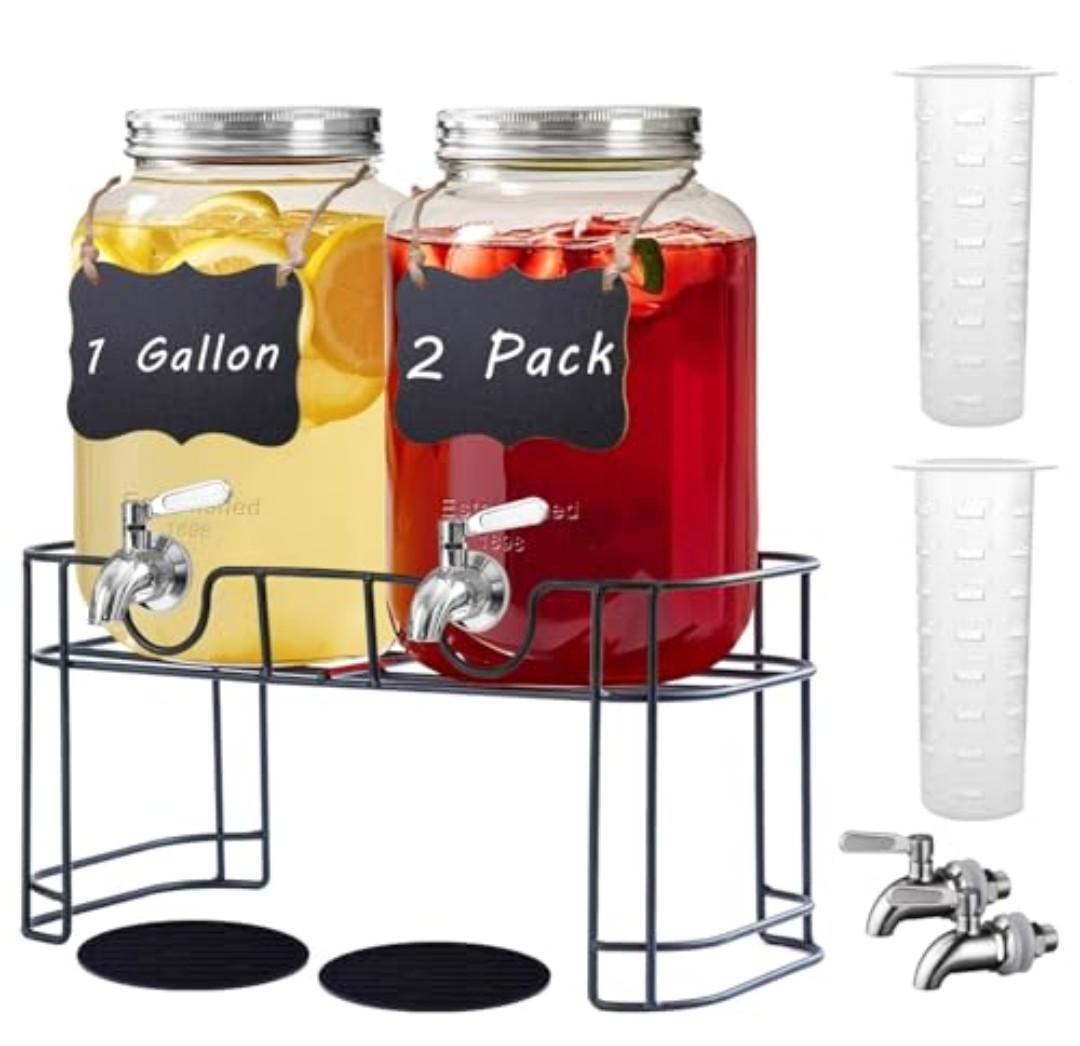 Einfache 1 Gallon Drink Dispenser with Stand,2 Pack Beverage Dispenser with Stand & Stainless Steel Spigot,Glass Water Lemonade Dispensers for Juice,Parties