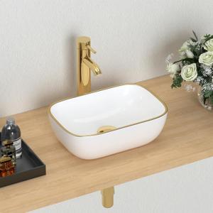 J-FAMILY 14.5'' x 10'' Bathroom Small Vessel Sink Above Counter White Porcelain Ceramic Sink Bowl GoldTrim Decoration Small Vanity Sink Lavatory Wash Basin